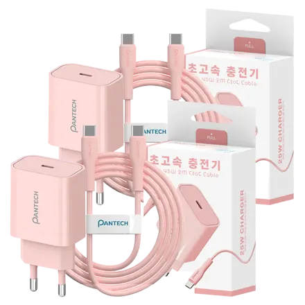 팬택 1포트 파스텔 초고속 충전기 25w + C to C 케이블 45w 2m 세트, 2세트, 핑크