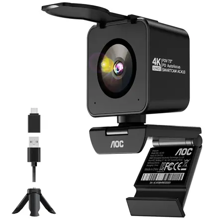 AOC 4K 웹캠 PDAF 자동 초점 마이크 내장, 블랙, AC410