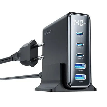 Toocki 투키 GaN 140w LED 디스플레이 3C2A 5포트 C타입 PD3.0 PPS 초고속 멀티충전기, 1개, 블랙