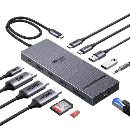 UGREEN 유그린 Revodok 12포트 USB3.2 C타입 멀티허브 |삼성덱스 맥북 호환|트리플 모니터 확장|4K120Hz|10Gbps|SD카드 리더기|기가비트|PD100W, 1개, Grey