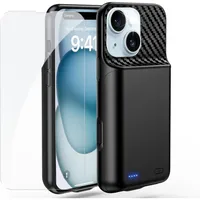 아이폰 15 플러스용 배터리 케이스6.7인치 2026년 업그레이드된 대용량 13800mAh 배터리 팩 충전식 외부 충전 케이스 강화 유리 스크린 프로텍터 블랙 포함