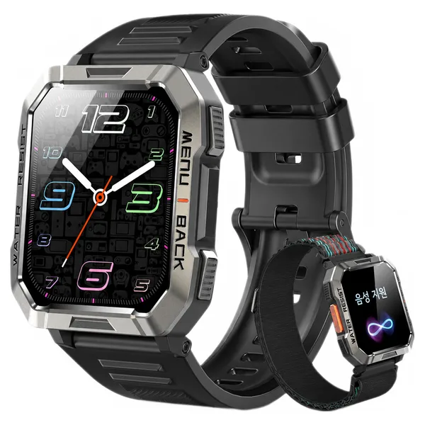 IOWODO W60 아웃도어 스마트워치 2.01인치 대형 화면 900mAh 배터리 방수 먼지충격 방지 통화 나침반 손전등, 블루투스, 4.4cm, 검정색