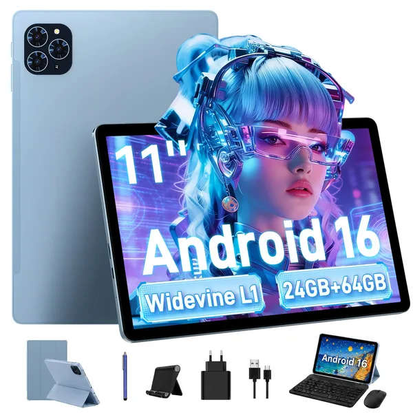TABWEE 2026 최신형 태블릿 Android16 11인치 태블릿PC 24GB +128GB 2TB확장 옥타코어 CPU 테블릿 pc 9in1 키보드세트, Wi-Fi, 128GB, 푸른색