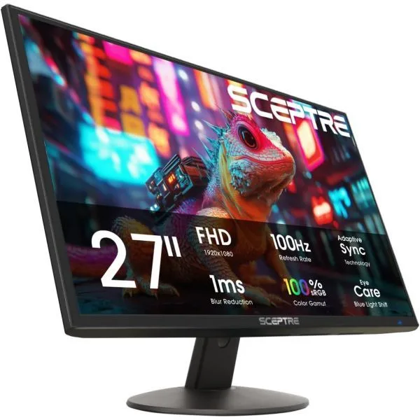 Sceptre 새로운 27인치 프라임 모니터 100Hz HDMI x2 VGA 1ms 99% sRGB 아이케어 내장 스피커 머신 블랙 2026 E275W - 19203R 시리즈