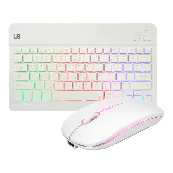 UB 울트라 슬림 LED 블루투스 키보드+듀얼 LED 마우스 세트 충전식 무선 휴대용, 일반형, 화이트, BK3 LED 키보드 13인치+BM5 LED 마우스