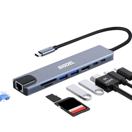 시그델 8in1 C타입 멀티 허브 8포트 이더넷 LAN 1Gbps 4K HDMI PD100W 유선 랜 젠더 C to USB 듀얼 모니터 분배 노트북 컴퓨터 확장 포트 UH-04, 메탈실버, 1개