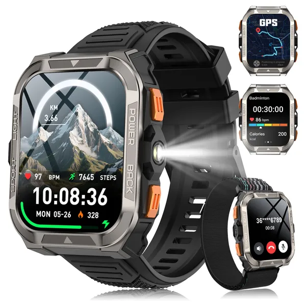 IOWODO W80 Pro 아웃도어 스마트워치 1.91 대형 터치 스크린 내장 GPS 나침반 통화 가능 메시지 알림 LED 손전등 블루투스 스마트워치 IP68 방수, 검은색, 4.6cm, GPS + 블루투스