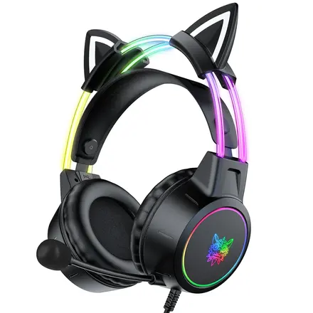 ONIKUMA 고양이귀 유선 게이밍 헤드셋 RGB ENC 노이즈캔슬링, 블랙, 유선 X15 PRO
