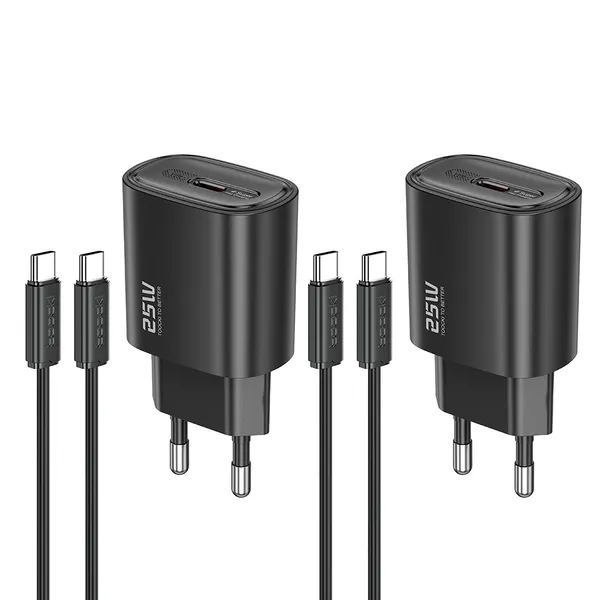 Toocki c타입 25W PD3.0 PPS 고속 충전기 + C TO C 케이블 세트, 2세트, 블랙