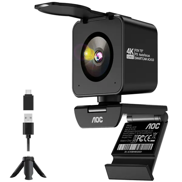 AOC 4K 1200만 고해상도 웹캠 PDAF 자동 초점 마이크 내장, 블랙, AC410
