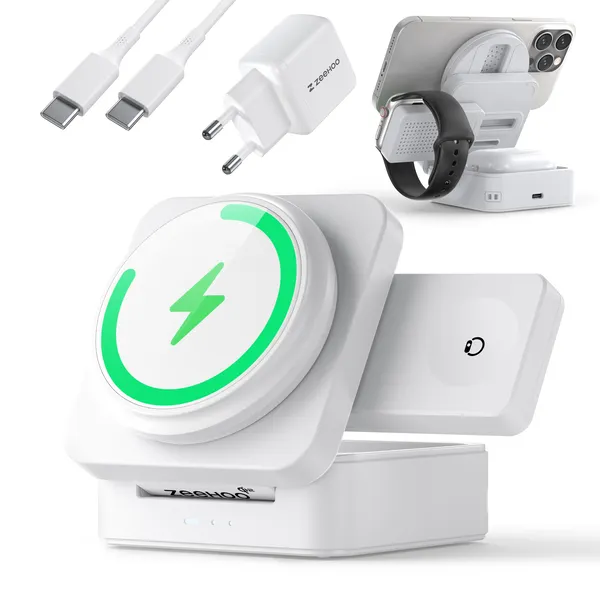 ZeeHoo 3 in 1 무선충전기 FoldTrack, Qi2 아이폰 & 갤럭시 15W 고속 충전, 워치 충전기, 이어폰 충전, 30W 어댑터 포함, 1개, 페어러 화이트