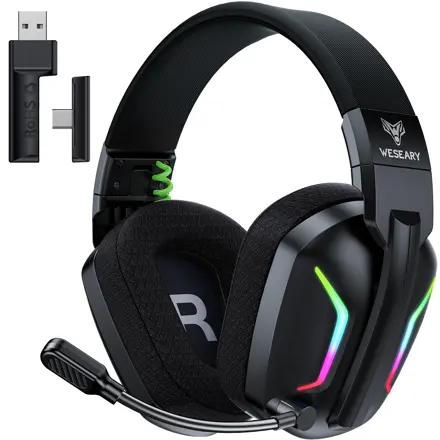 WESEARY 무선 게이밍 헤드셋 WG1 가상 7.1채널 듀얼 EQ 모드 초경량 2.4GHz 3D 사운드 노이즈 캔슬링 마이크