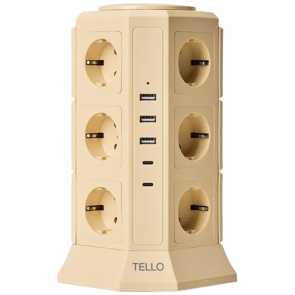 텔로 (에디션) 타워 멀티탭 17구(USB-3,CTYPE-2) KC인증 접지 안전 고급 멀티탭 선정리 가능한 인테리어 귀여운 디자인 예쁜색상, 2m, 크림레몬, 1개