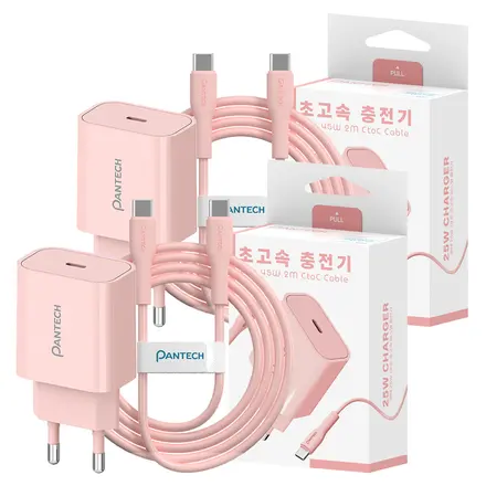 팬택 1포트 파스텔 초고속 충전기 25w + C to C 케이블 45w 2m 세트, 2세트, 핑크