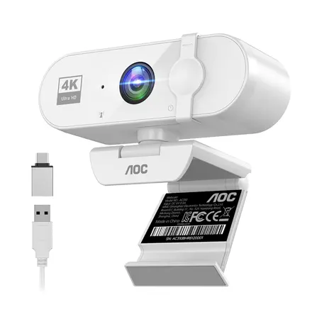 AOC 4K UHD 웹캠 노이즈캔슬링 마이크 내장 PC 화상회의 방송용, 화이트, AC310