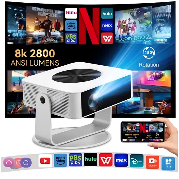 ALMAMA 8K 초고화질 빔프로젝트 2800안시루멘 유튜브 넷플 구글 디즈니 내장/삼각대+스크린+리모컨 홈시네마 가정용, 8K 화이트 빔 프로젝터