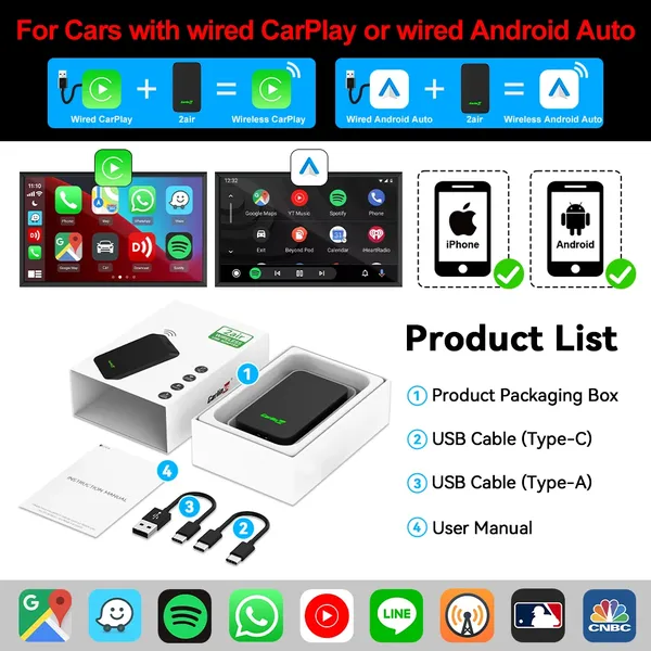 호환 2026 CarlinKit 5.0 2Air 무선 안드로이드 자동 박스, 휴대용 카플레이 동글, 라디오용, 유선 오토