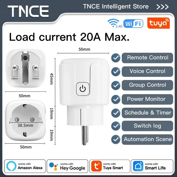 TNCE TUYA 스마트 플러그 WiFi 또는 Zigbee3.0 소켓 EU 16A/20A 전력 모니터 타이밍 기능 음성 제어 Alexa