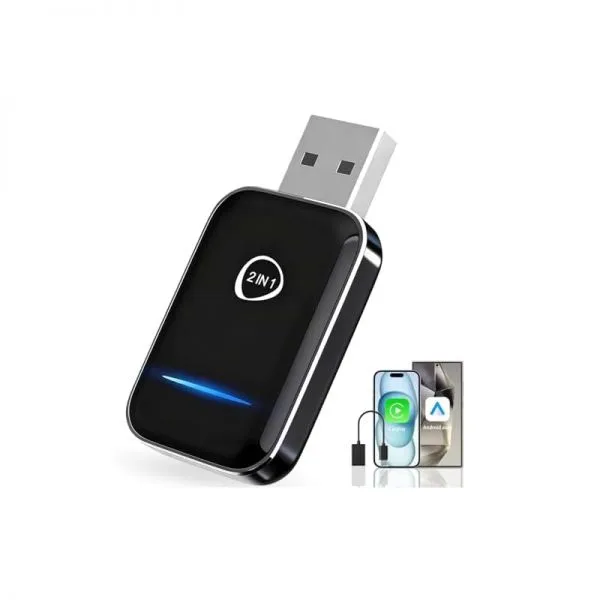 2-in-1 무선 카플레이 및 안드로이드 오토 어댑터2026 업그레이드 빠른 5GHz2.4GHz 듀얼 밴드 WiFi 지연 플러그 앤 플레이 동글 없음 유선 카플레이안드로이드 자