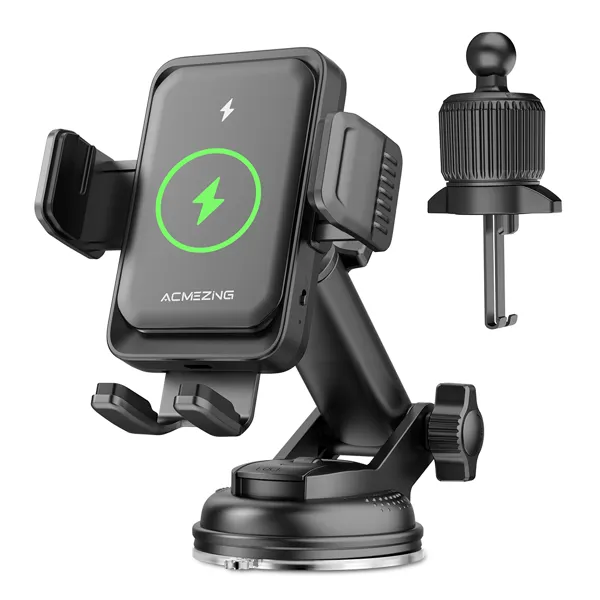 ACMEZING 차량용 무선충전 핸드폰 거치대 15W 고속충전 초강력 자석 360도 회전 진공 흡착 + 듀얼 후크 CZ33, 블랙, 1개