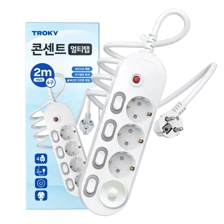 TROKY 고용량 멀티탭 콘센트 개별 과부하차단 3000W LED 안전커버, 화이트 4구, 1개, 2m