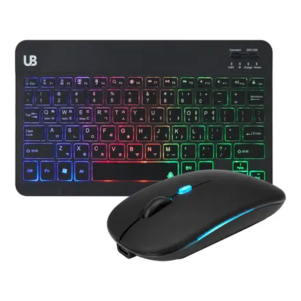 UB 울트라 슬림 LED 블루투스 키보드+듀얼 LED 마우스 세트 충전식 무선 휴대용, 일반형, 블랙, BK3 LED 키보드 10인치+BM5 LED 마우스