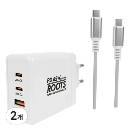루츠 국내생산 초고속 멀티 충전기 C타입 3포트 PD 65W PPS + C to C 100W 5A E Marker 1.5M 케이블포함, 화이트, 2개